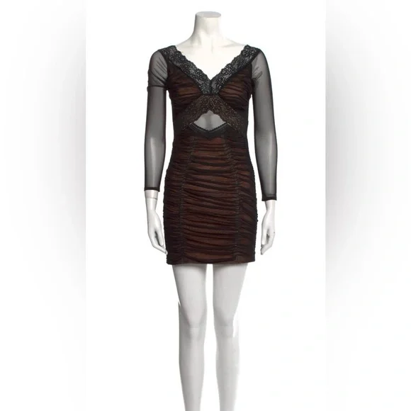 Self-Portrait Black Mesh Long Sleeve Dress SZ 4 - Picture 2 of 9